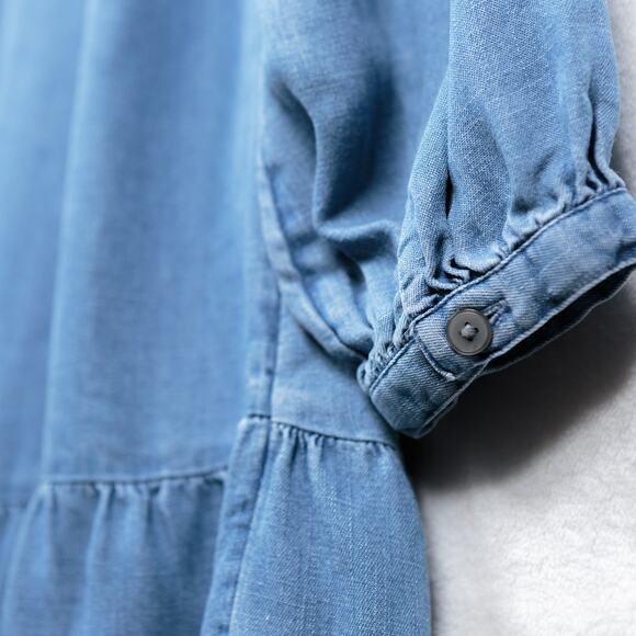 LOFT Chambray Ruffle Flounce Dress Dropped Waist Soft Lyocell Linen Blue Sz M - Picture 7 of 9